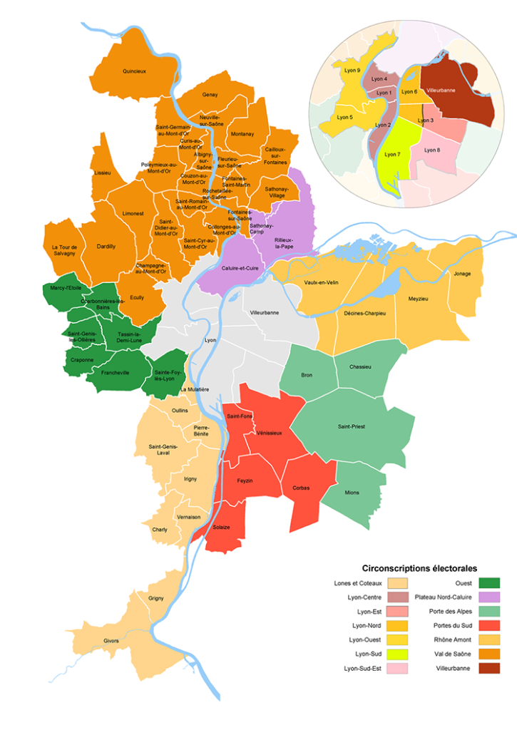  14 circonscriptions dans la Métropole pour l'élection  La Métropole a été divisée en 14 territoires : ce sont des circonscriptions électorales. Le découpage a été fait selon - une logique territoriale : les communes ou arrondissements ne sont pas découpés sauf le 3e arrondissement de Lyon - le poids démographique : en fonction du nombre d’habitants, chaque circonscription aura entre 7 et 17 élu·es au conseil de la Métropole.